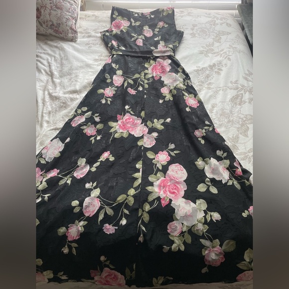 Tahari Black Pink Floral Embossed Wrap Maxi Dress 10 Wedding Guest Formal Event - Picture 10 of 10
